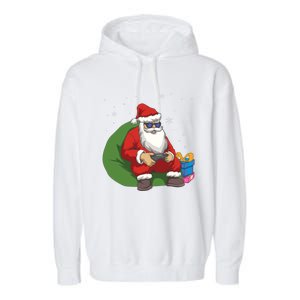 Santa Gamer Playing Video Games December Christmas Funny Gift Garment-Dyed Fleece Hoodie