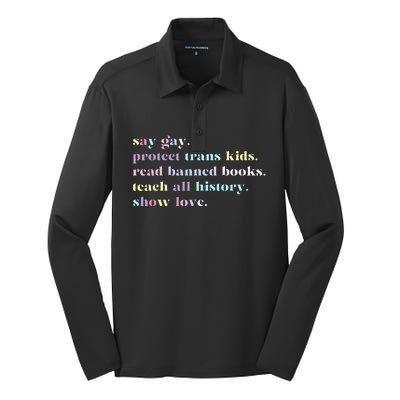 Say Gay Protect Tran Read Banned Books Silk Touch Performance Long Sleeve Polo