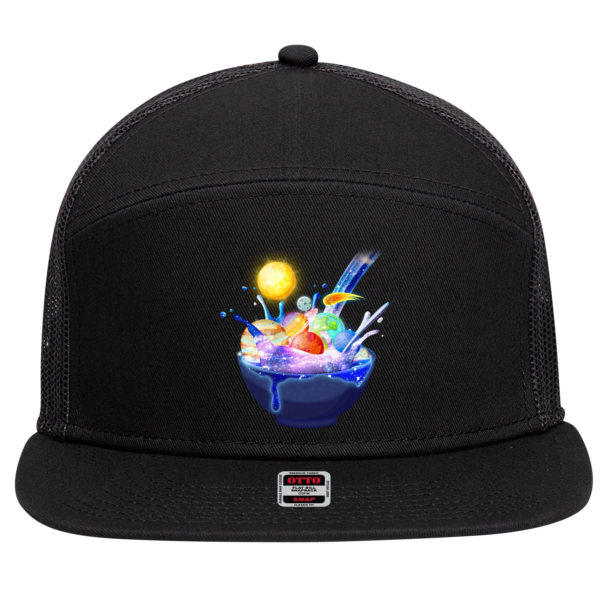 Space Galaxy Planets Cereal Bowl 7 Panel Mesh Trucker Snapback Hat