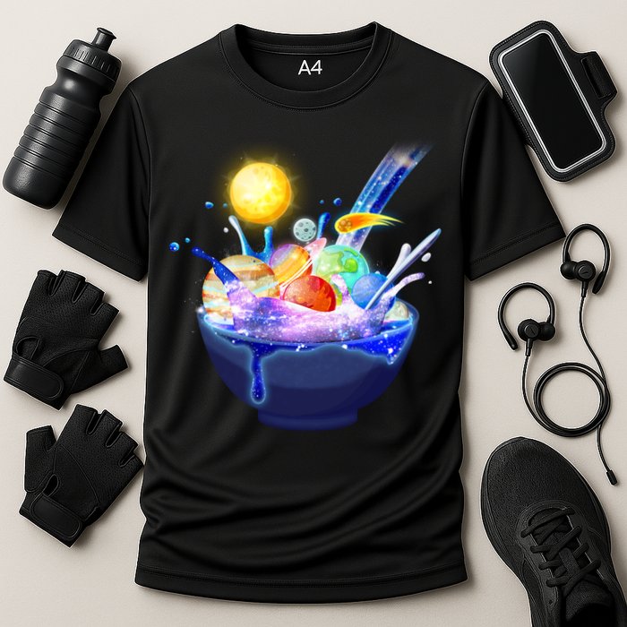 Space Galaxy Planets Cereal Bowl Cooling Performance Crew T-Shirt