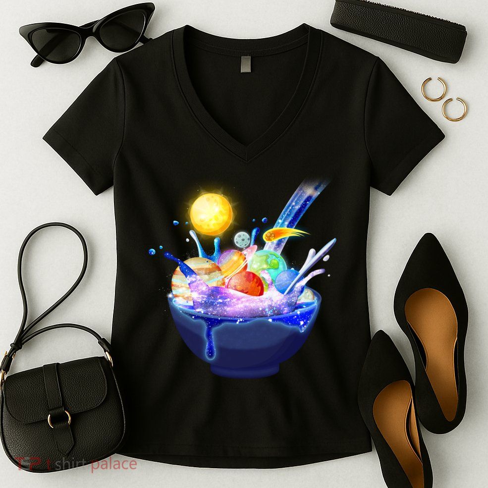 Space Galaxy Planets Cereal Bowl Women's V-Neck T-Shirt
