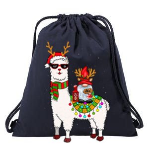 Santa Gnomes Riding Llama Reindeer Christmas Lights  Drawstring Bag