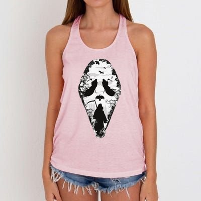 Scary Grim Reaper Halloween Scream Mask Horror Design Women's Knotted Racerback Tank