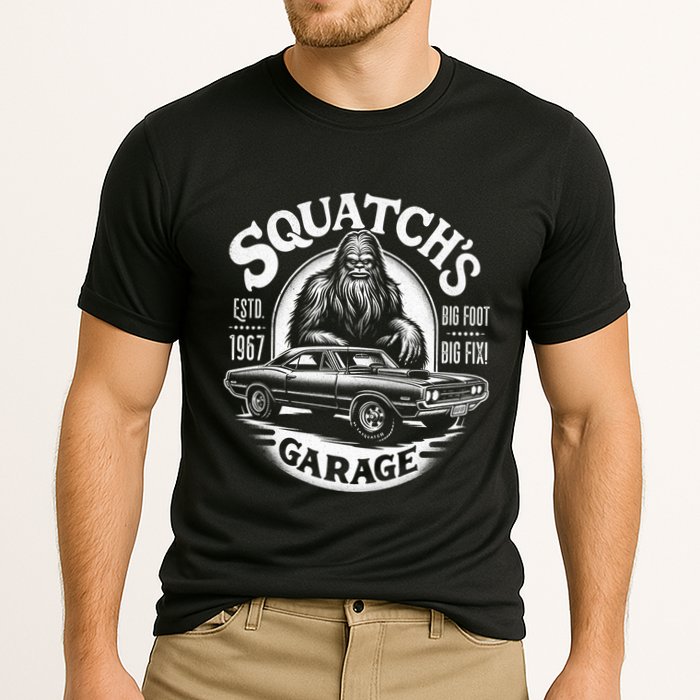 SquatchS Garage Retro – Sasquatch Bigfoot Funny Car Performance Shirt
