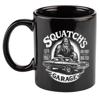 SquatchS Garage Retro – Sasquatch Bigfoot Funny Car 11oz C Handle Ceramic Mug