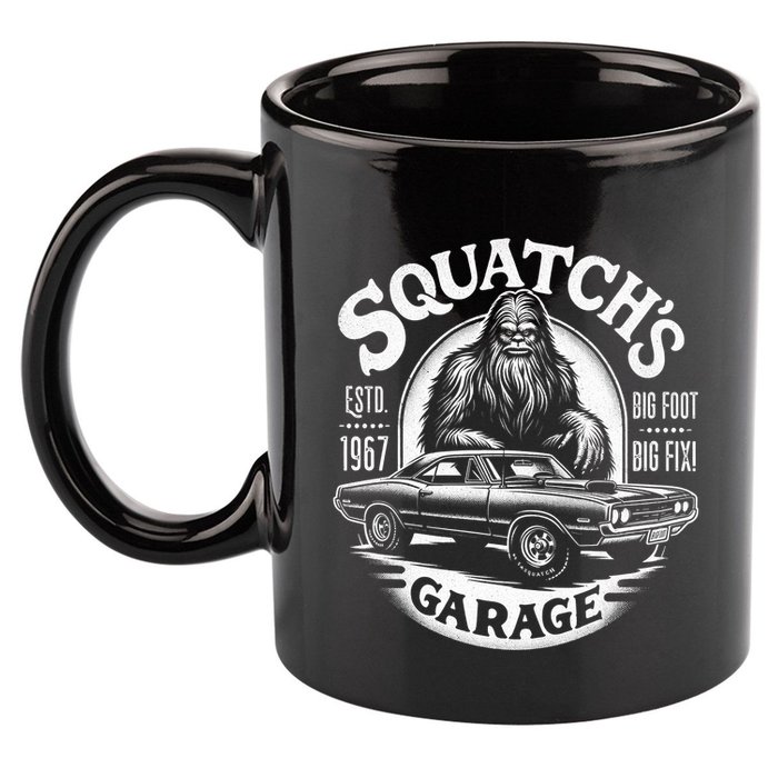 SquatchS Garage Retro – Sasquatch Bigfoot Funny Car 11oz C Handle Ceramic Mug