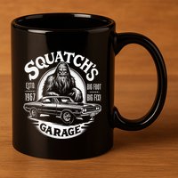 SquatchS Garage Retro – Sasquatch Bigfoot Funny Car 11oz C Handle Ceramic Mug