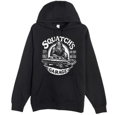 SquatchS Garage Retro – Sasquatch Bigfoot Funny Car Premium Pullover Hoodie
