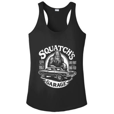 SquatchS Garage Retro – Sasquatch Bigfoot Funny Car Ladies PosiCharge Competitor Racerback Tank