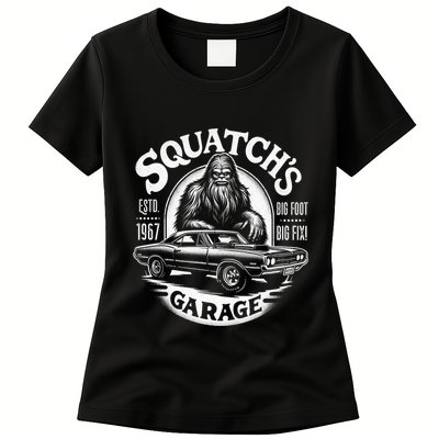 SquatchS Garage Retro – Sasquatch Bigfoot Funny Car Womens T-Shirt