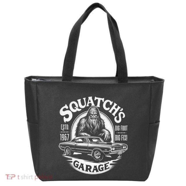 SquatchS Garage Retro – Sasquatch Bigfoot Funny Car Zip Tote Bag