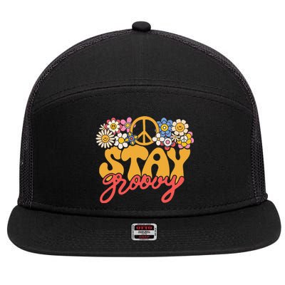 Stay Groovy Retro 70s 80s Floral Graphic Mama Smile 7 Panel Mesh Trucker Snapback Hat