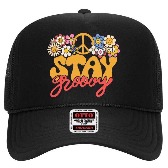 Stay Groovy Retro 70s 80s Floral Graphic Mama Smile High Crown Mesh Back Trucker Hat