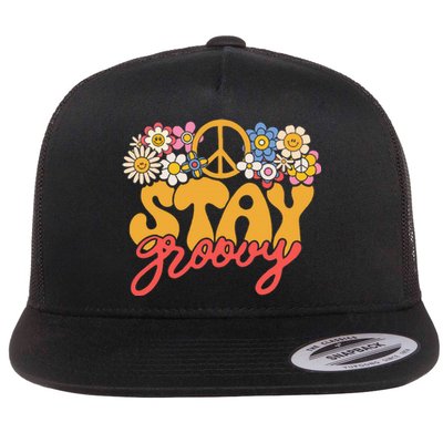 Stay Groovy Retro 70s 80s Floral Graphic Mama Smile Flat Bill Trucker Hat