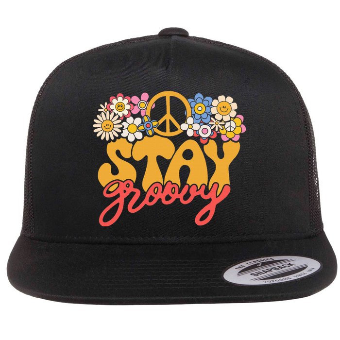 Stay Groovy Retro 70s 80s Floral Graphic Mama Smile Flat Bill Trucker Hat