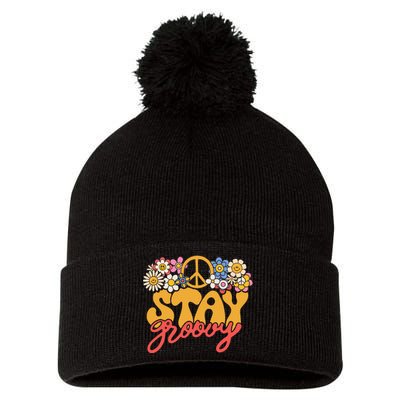 Stay Groovy Retro 70s 80s Floral Graphic Mama Smile Pom Pom 12in Knit Beanie