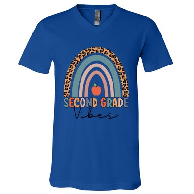 Second Grade Rainbow Leopard Teacher 2Nd Grade Vibes Gift V-Neck T-Shirt