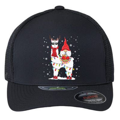 Santa Gnomes Riding Llama Reindeer Christmas Lights Flexfit Unipanel Trucker Cap