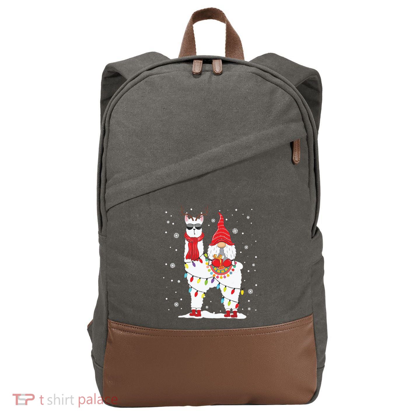 Santa Gnomes Riding Llama Reindeer Christmas Lights Cotton Canvas Backpack