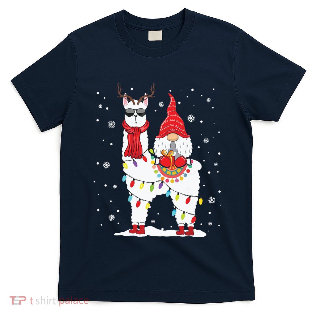 Santa Gnomes Riding Llama Reindeer Christmas Lights T-Shirt