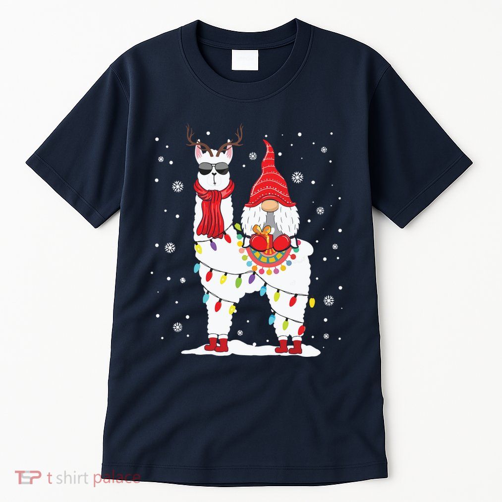 Santa Gnomes Riding Llama Reindeer Christmas Lights Tall T-Shirt