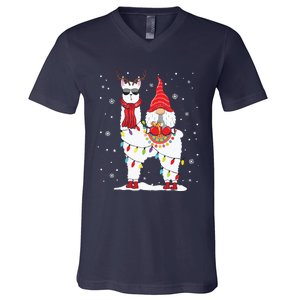 Santa Gnomes Riding Llama Reindeer Christmas Lights V-Neck T-Shirt