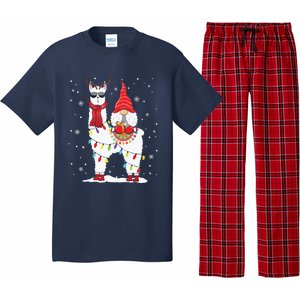 Santa Gnomes Riding Llama Reindeer Christmas Lights Pajama Set