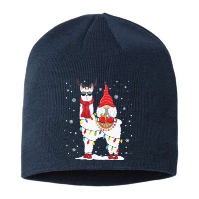 Santa Gnomes Riding Llama Reindeer Christmas Lights Sustainable Beanie