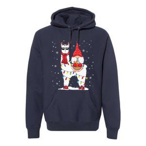 Santa Gnomes Riding Llama Reindeer Christmas Lights Premium Hoodie