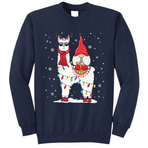 Santa Gnomes Riding Llama Reindeer Christmas Lights Tall Sweatshirt