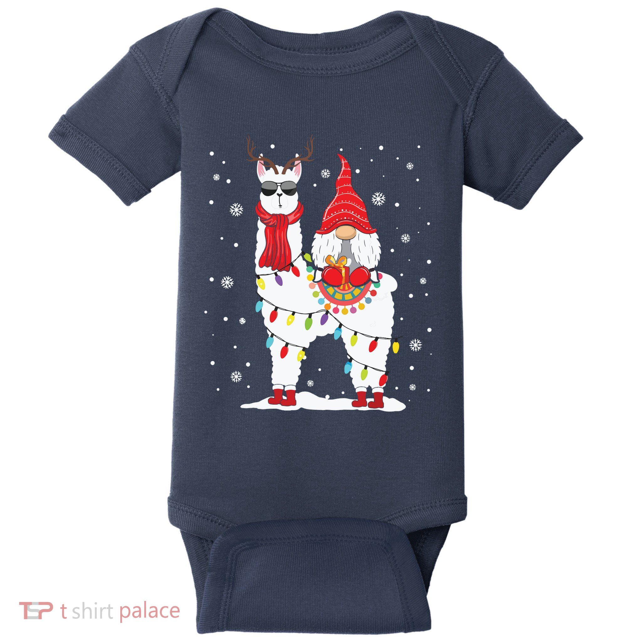 Santa Gnomes Riding Llama Reindeer Christmas Lights Baby Bodysuit