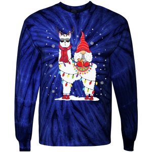 Santa Gnomes Riding Llama Reindeer Christmas Lights Tie-Dye Long Sleeve Shirt