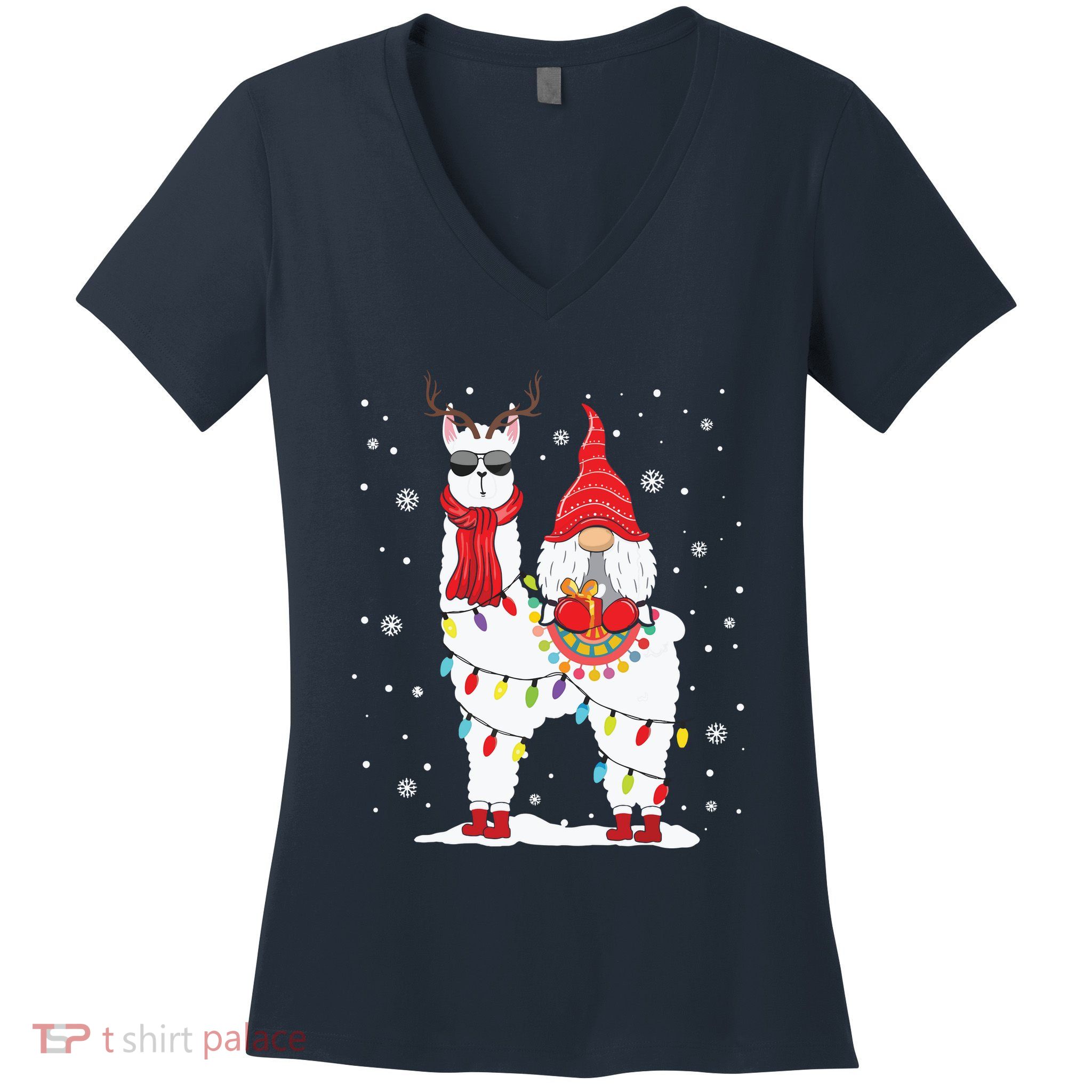 Santa Gnomes Riding Llama Reindeer Christmas Lights Women's V-Neck T-Shirt