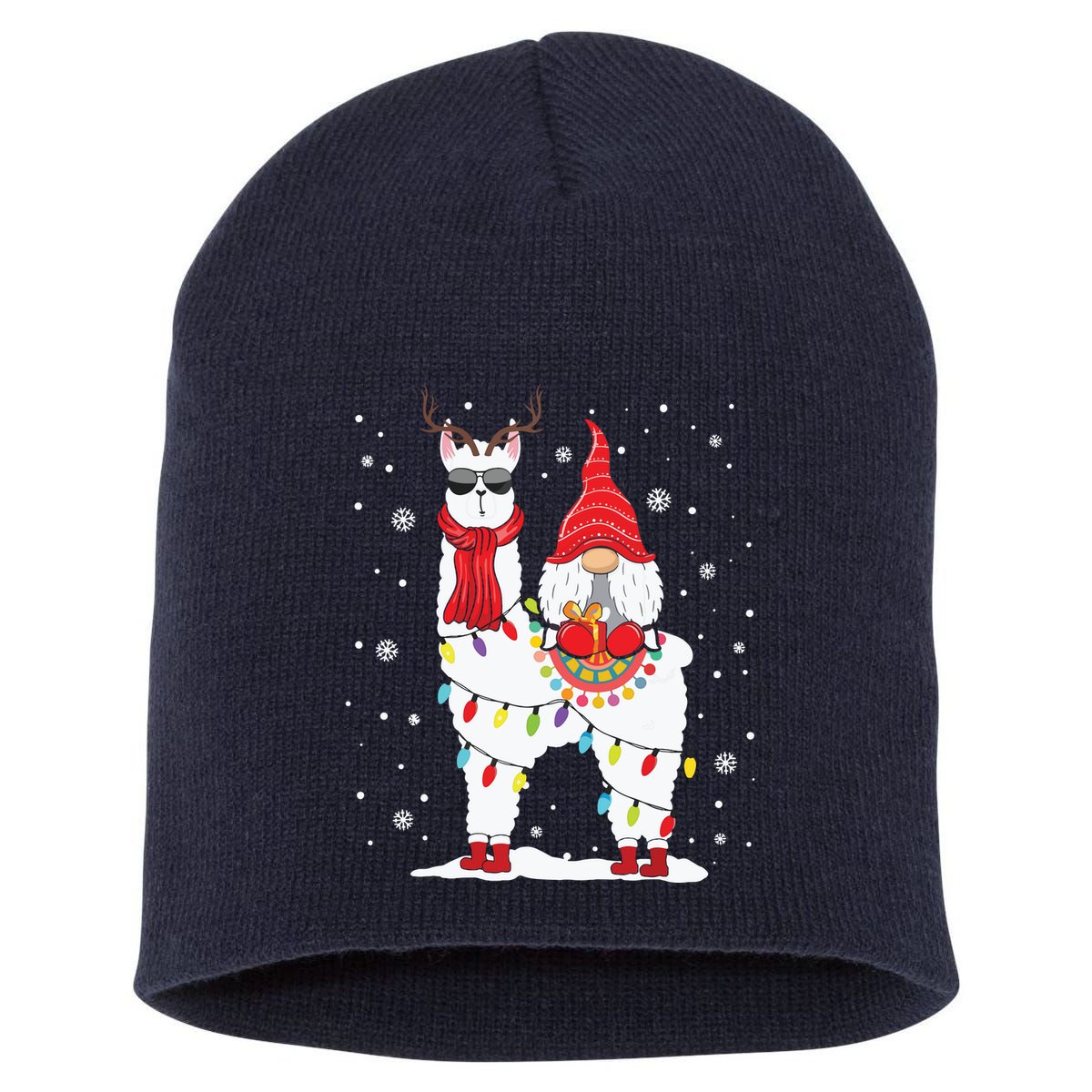 Santa Gnomes Riding Llama Reindeer Christmas Lights Short Acrylic Beanie
