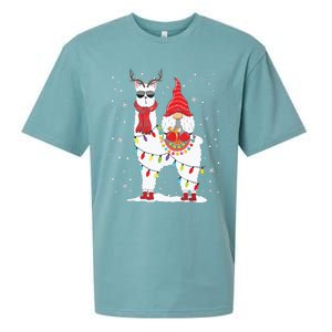 Santa Gnomes Riding Llama Reindeer Christmas Lights Sueded Cloud Jersey T-Shirt