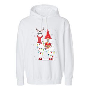 Santa Gnomes Riding Llama Reindeer Christmas Lights Garment-Dyed Fleece Hoodie