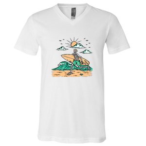 Surfing Get Ready To Surf Funny Skeleton Holiday Gift V-Neck T-Shirt