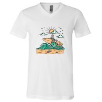 Surfing Get Ready To Surf Funny Skeleton Holiday Gift V-Neck T-Shirt