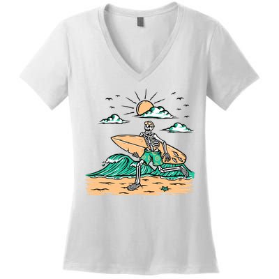 Surfing Get Ready To Surf Funny Skeleton Holiday Gift Women's V-Neck T-Shirt