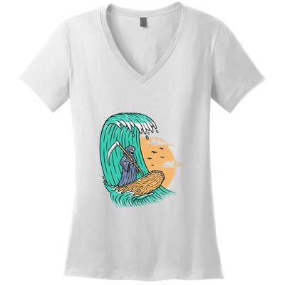 Surfing Grim Reaper Surfer Funny Skeleton Holiday Gift Women's V-Neck T-Shirt