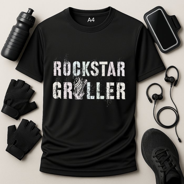 Summer Grilling Rockstar Griller Pit Dad Patio Meat Gangster Cooling Performance Crew T-Shirt