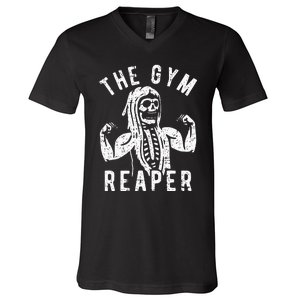 Spooky Gym Reaper Costume for Fitness Enthusiasts V-Neck T-Shirt