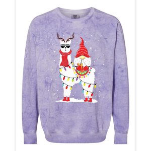 Santa Gnomes Riding Llama Reindeer Christmas Lights Colorblast Crewneck Sweatshirt