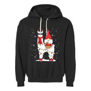 Santa Gnomes Riding Llama Reindeer Christmas Lights Garment-Dyed Fleece Hoodie