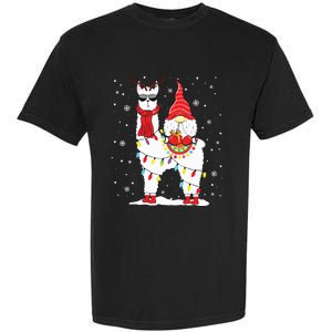 Santa Gnomes Riding Llama Reindeer Christmas Lights Garment-Dyed Heavyweight T-Shirt