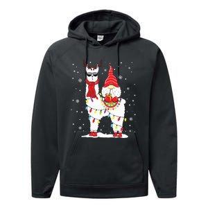 Santa Gnomes Riding Llama Reindeer Christmas Lights Performance Fleece Hoodie