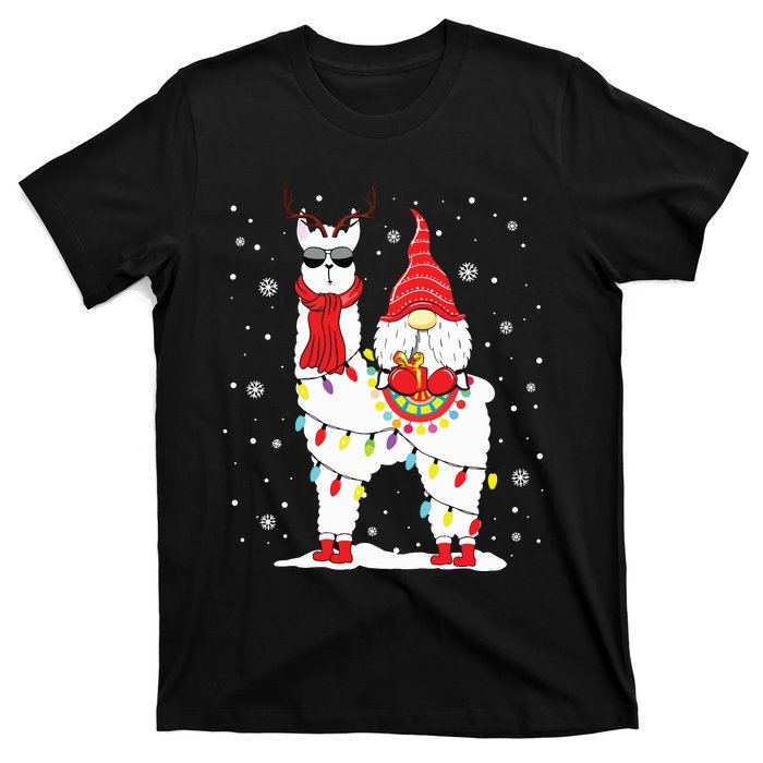 Santa Gnomes Riding Llama Reindeer Christmas Lights T-Shirt