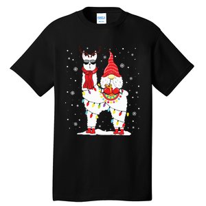 Santa Gnomes Riding Llama Reindeer Christmas Lights Tall T-Shirt