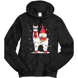 Santa Gnomes Riding Llama Reindeer Christmas Lights Tie Dye Hoodie