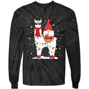 Santa Gnomes Riding Llama Reindeer Christmas Lights Tie-Dye Long Sleeve Shirt